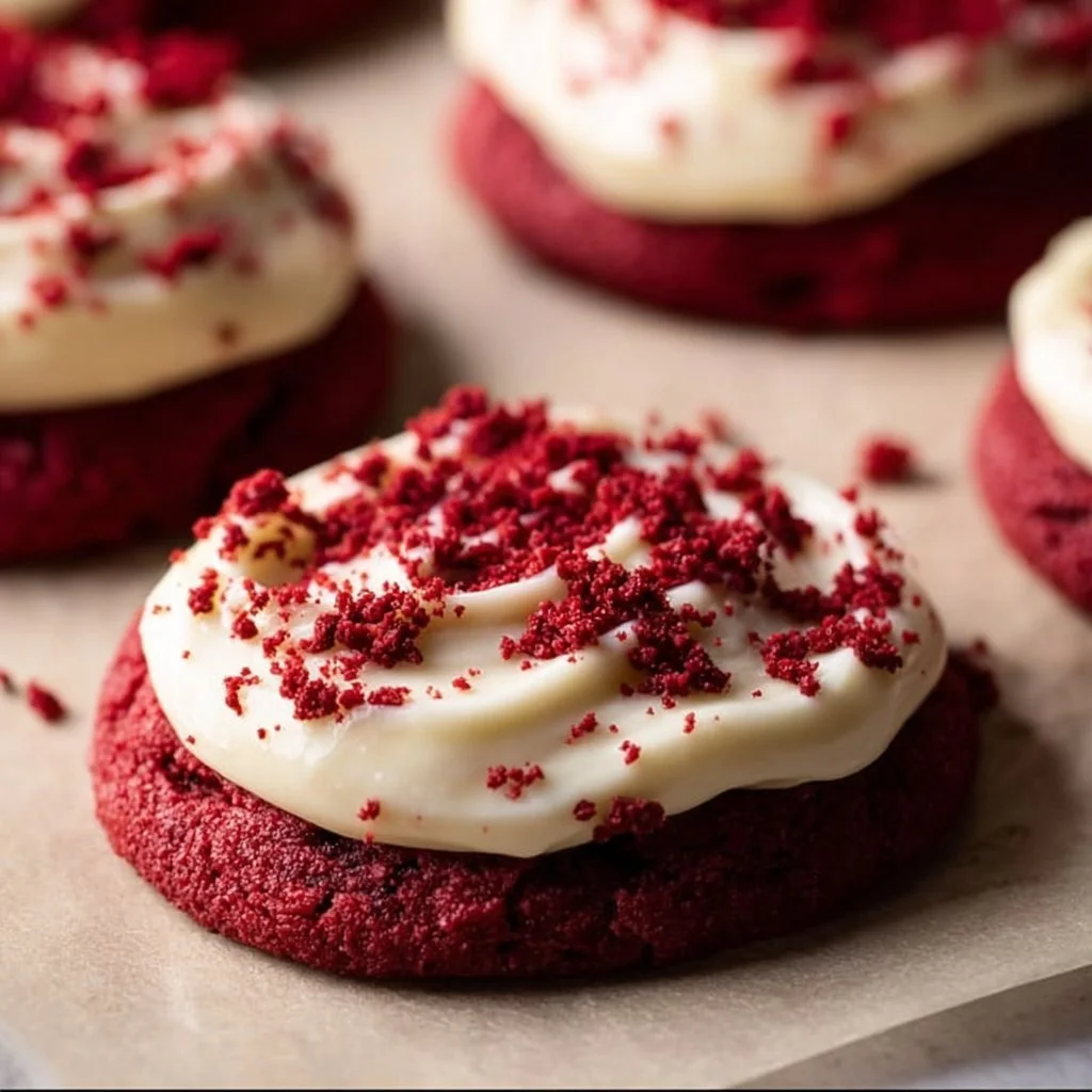 Frosted red velvet cupcake cookies topped with cream cheese frosting.