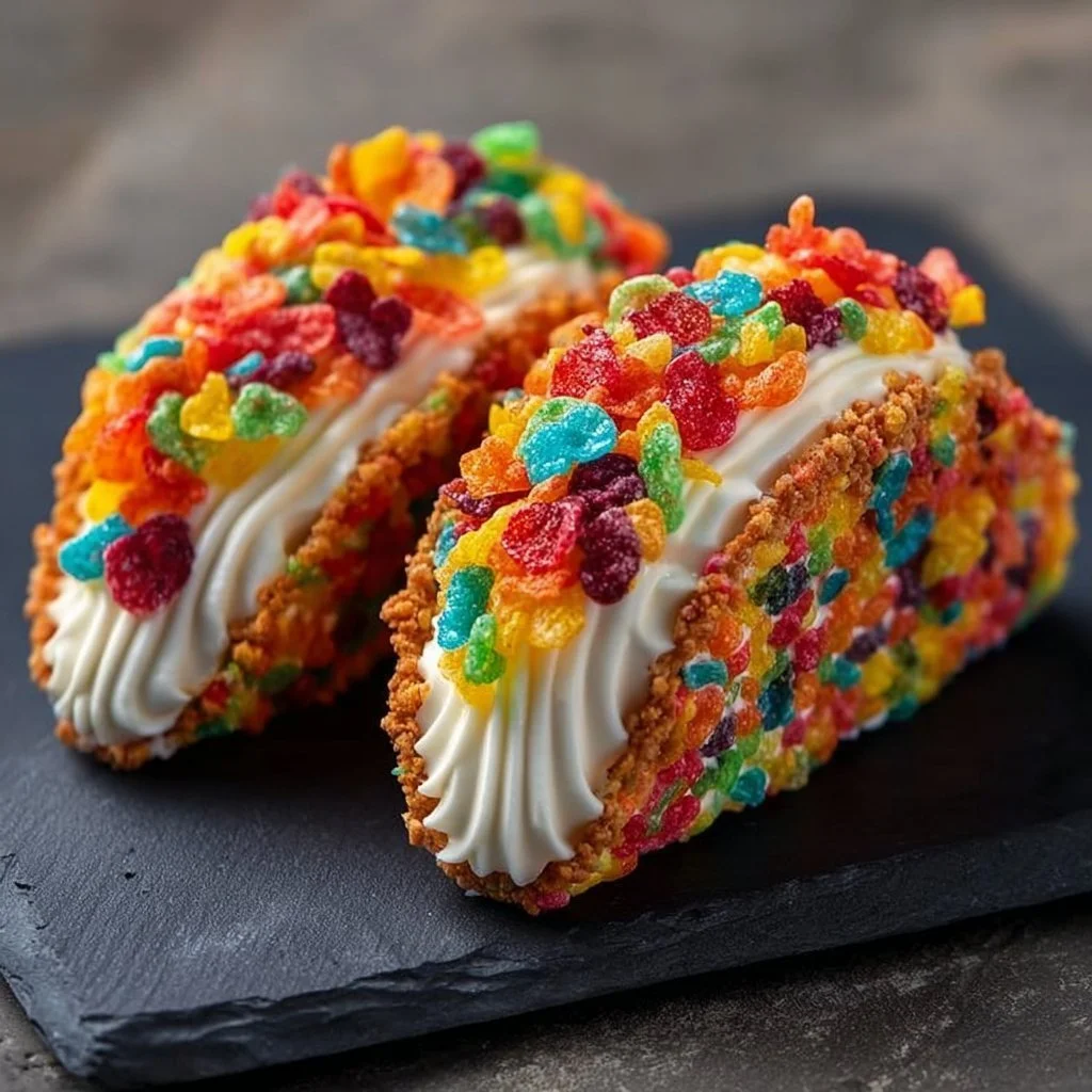 Fruity Pebbles Cheesecake Tacos topped with colorful cereal