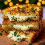 Delicious garlic bread grilled cheese sandwich with melted cheese and crispy edges.