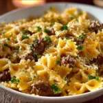 Delicious garlic butter beef served with cheesy bowtie pasta