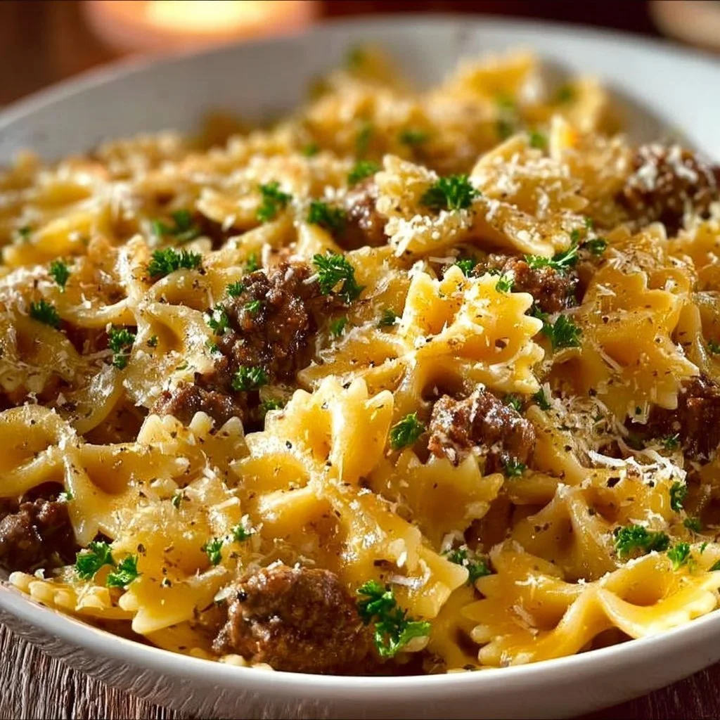 Delicious garlic butter beef served with cheesy bowtie pasta