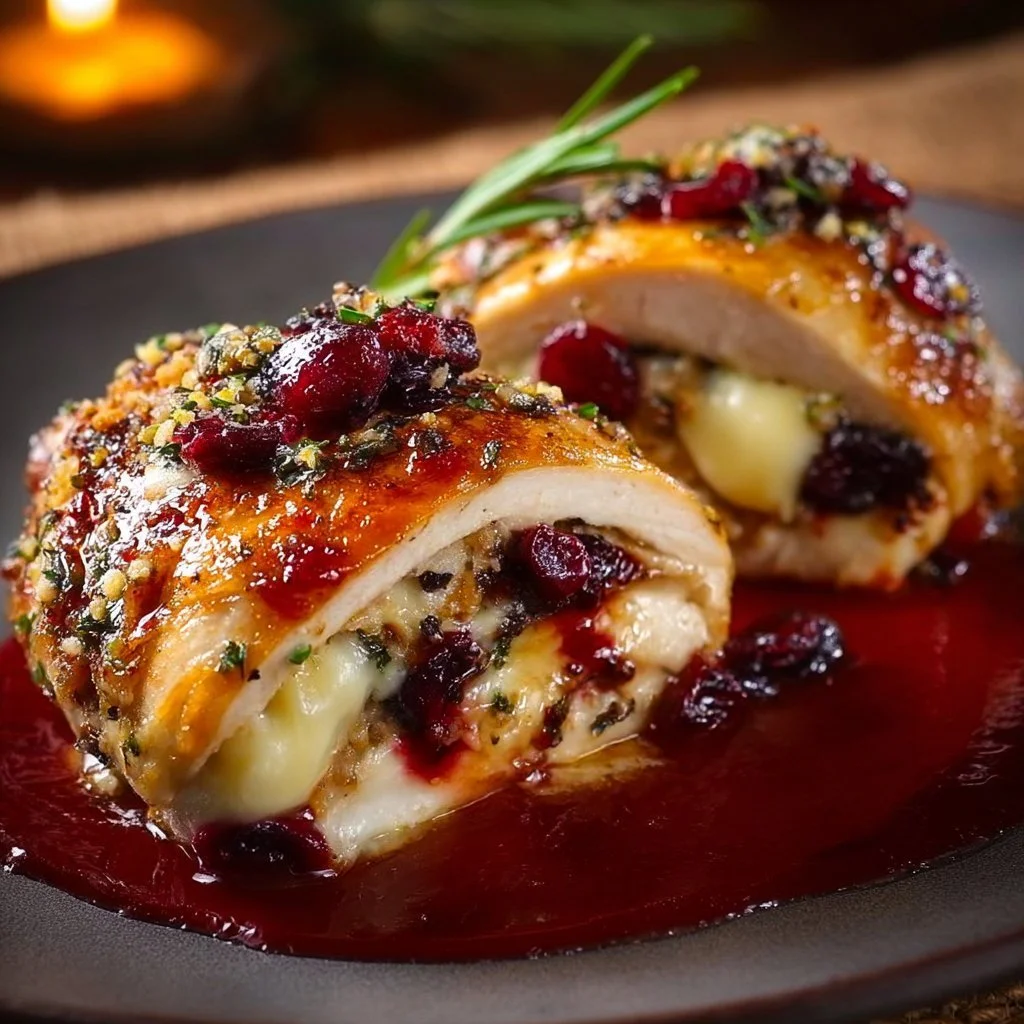 Cranberry brie stuffed chicken served dish garnished with herbs