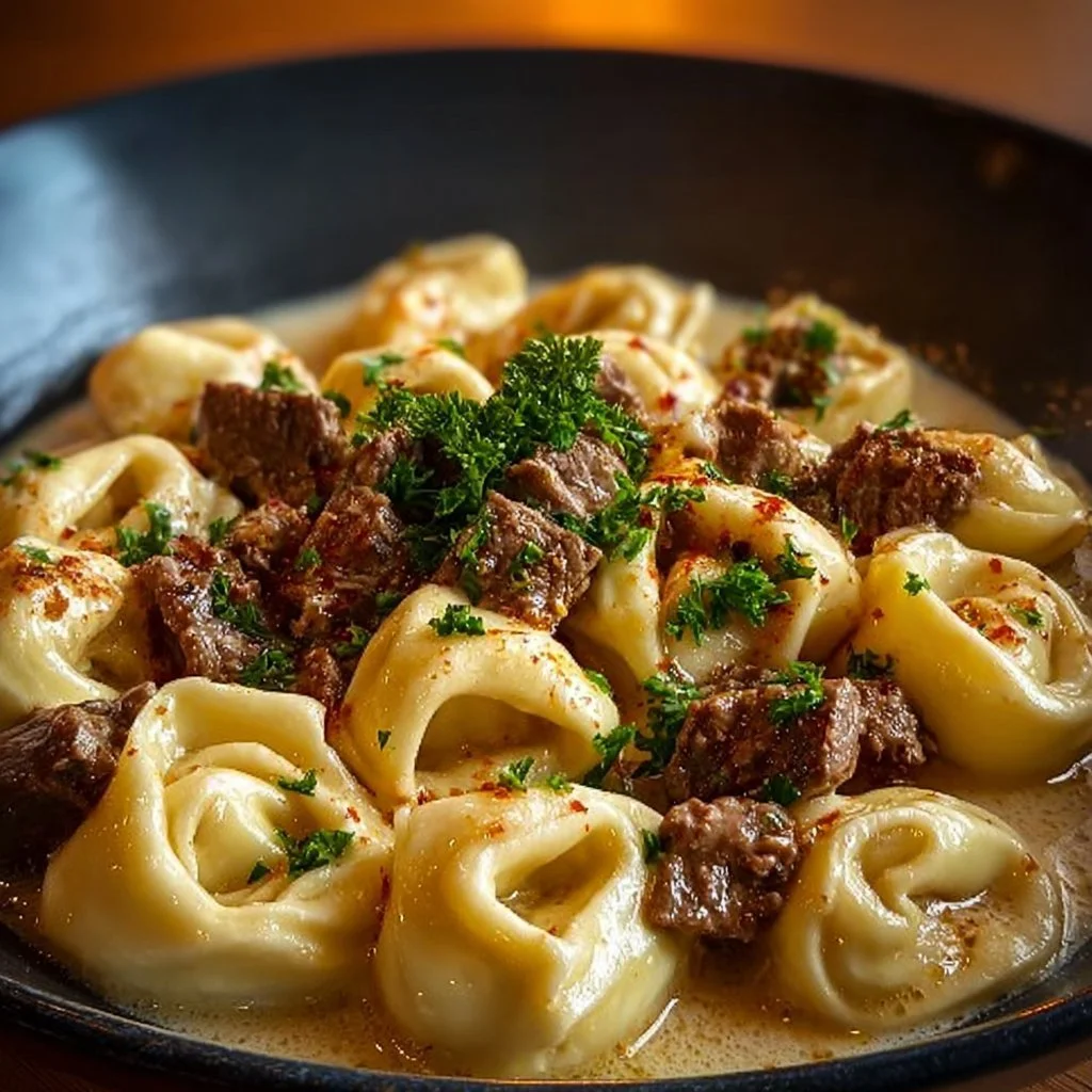 Creamy cheesesteak tortellini in rich provolone sauce served in a bowl