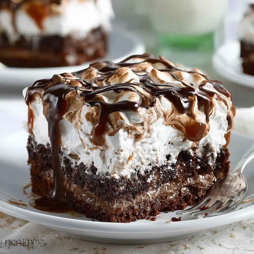 Delicious Marshmallow Chocolate Poke Cake topped with chocolate and marshmallow.