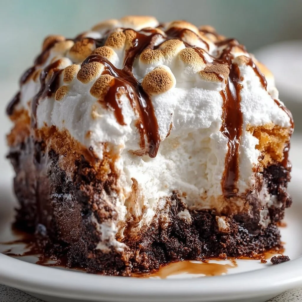 Marshmallow Chocolate Poke Cake topped with fluffy marshmallow and chocolate frosting