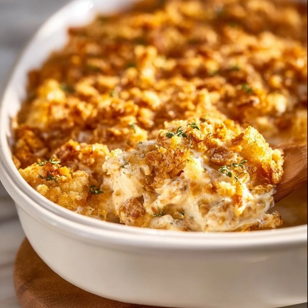 Million Dollar Chicken Casserole topped with cheese and breadcrumbs in a baking dish.