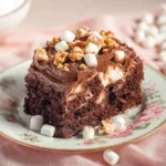 Delicious Mississippi Mud Cake with chocolate frosting and nuts on a rustic plate.