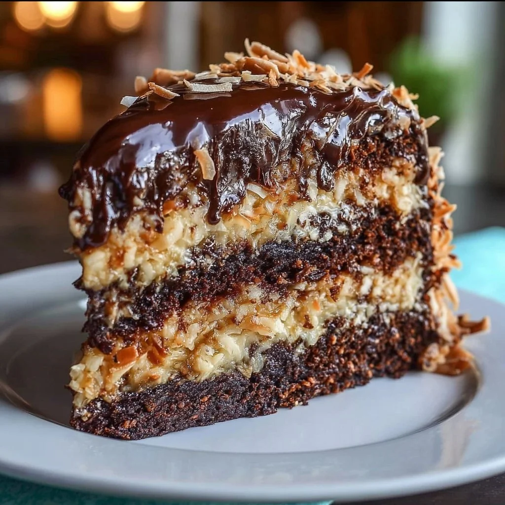 Moist German chocolate cake with coconut pecan frosting on a plate
