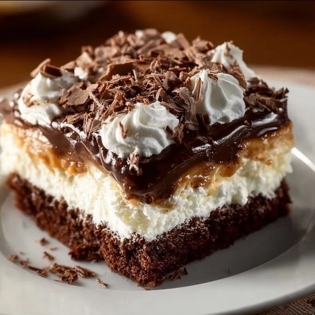 Delicious Mounds Poke Cake topped with coconut and chocolate, perfect for dessert lovers.