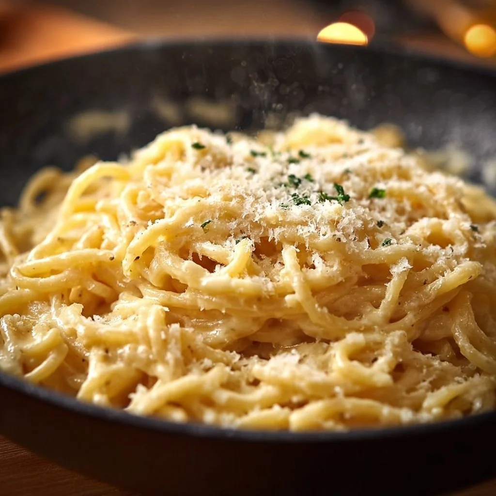 Delicious one-pan butter parmesan pasta dish garnished with parsley