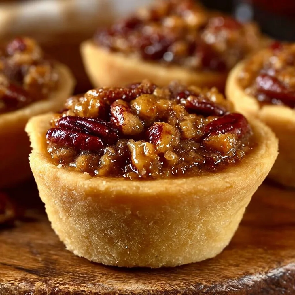 Pecan Pie Bites topped with caramel and chopped pecans on a plate