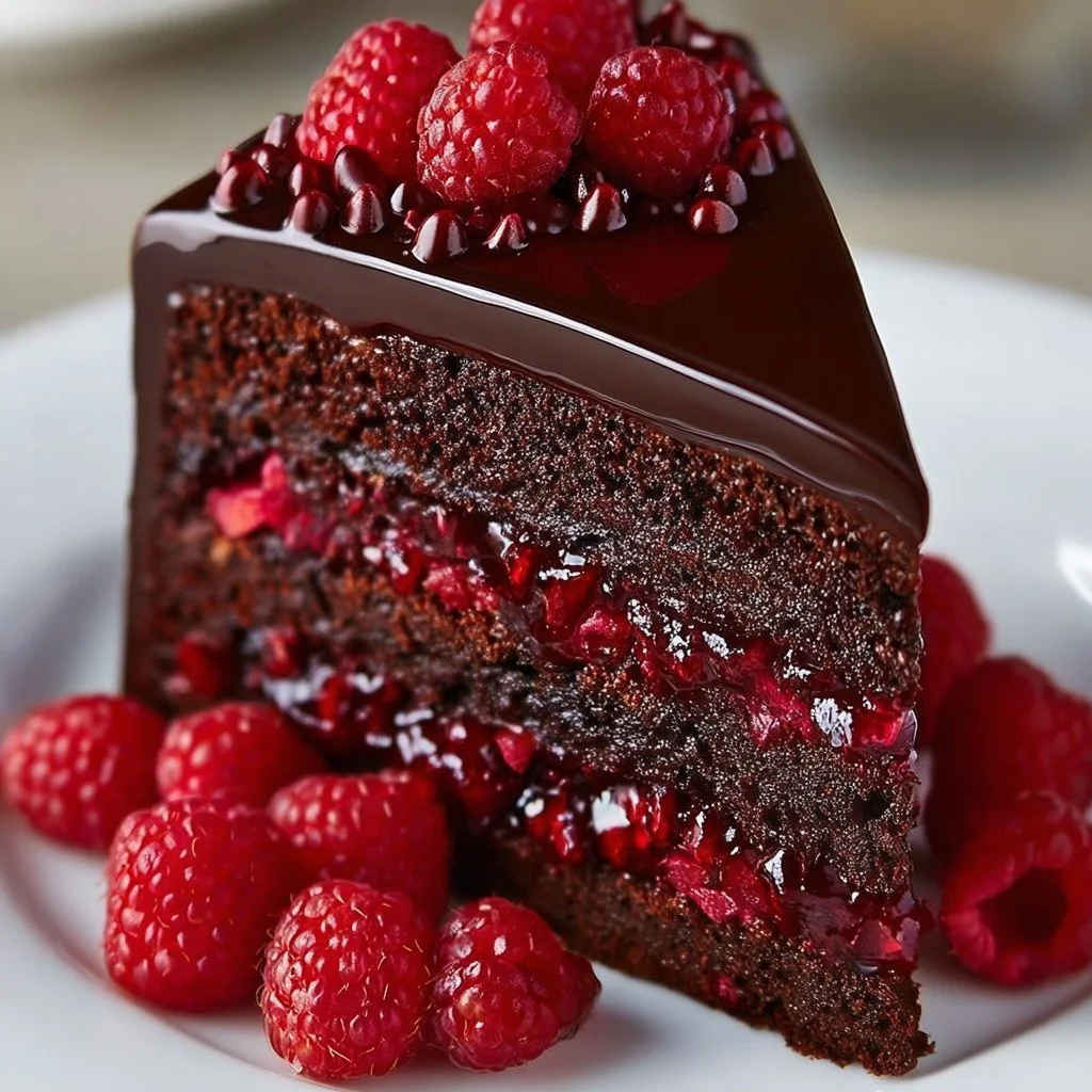 Delicious Chocolate Raspberry Truffle Cake with rich chocolate and raspberry layers