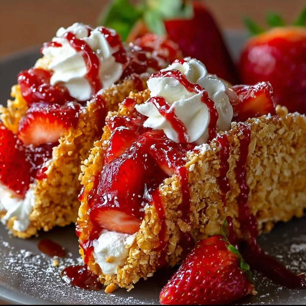 Delicious strawberry crunch cheesecake tacos served on a plate