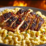 Sweet and spicy honey pepper chicken with creamy mac and cheese on a plate.