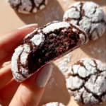 Plate of homemade chocolate crinkle cookies dusted with powdered sugar