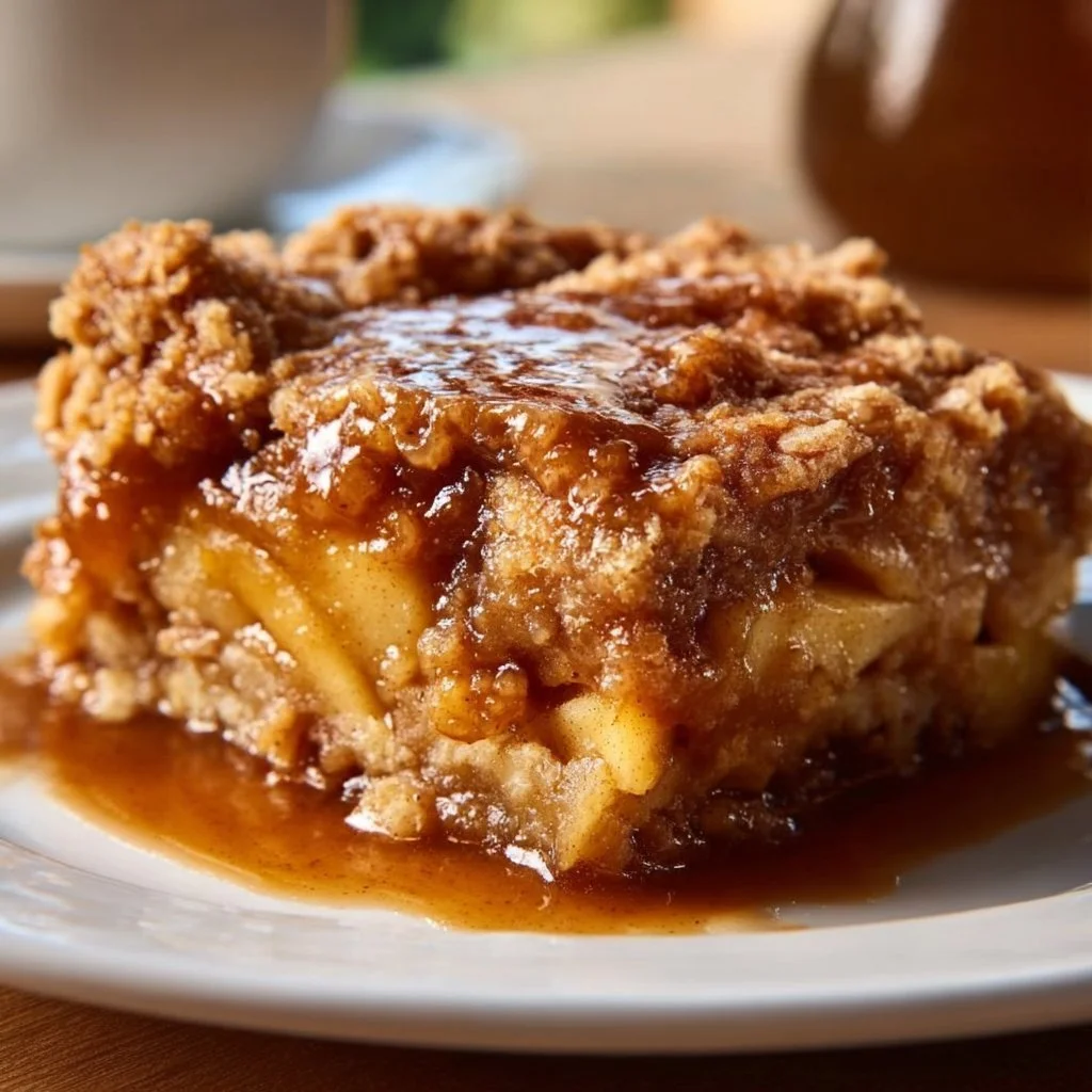 Delicious caramel apple dump cake served on a plate with drizzled caramel.