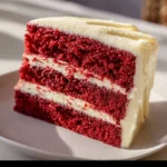 Slice of moist Southern red velvet cake with classic cream cheese frosting