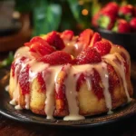 Delicious strawberry cream cheese pound cake topped with fresh strawberries