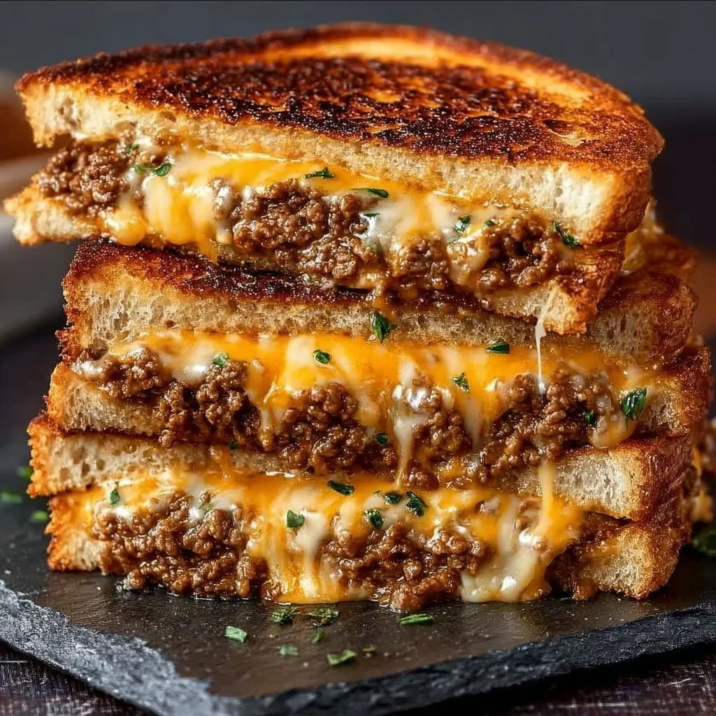 Delicious cheesy ground beef melt with melted cheese and toppings
