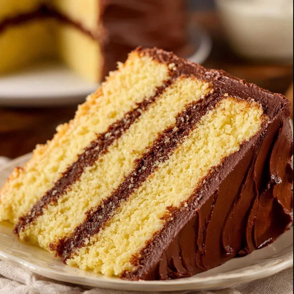 Yellow birthday cake topped with creamy chocolate frosting for celebrations