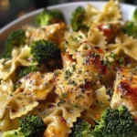 Delicious 30-minute cowboy chicken with broccoli and bowtie pasta dish.