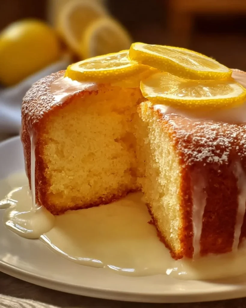Delicious lemon cake with frosting, garnished with lemon slices
