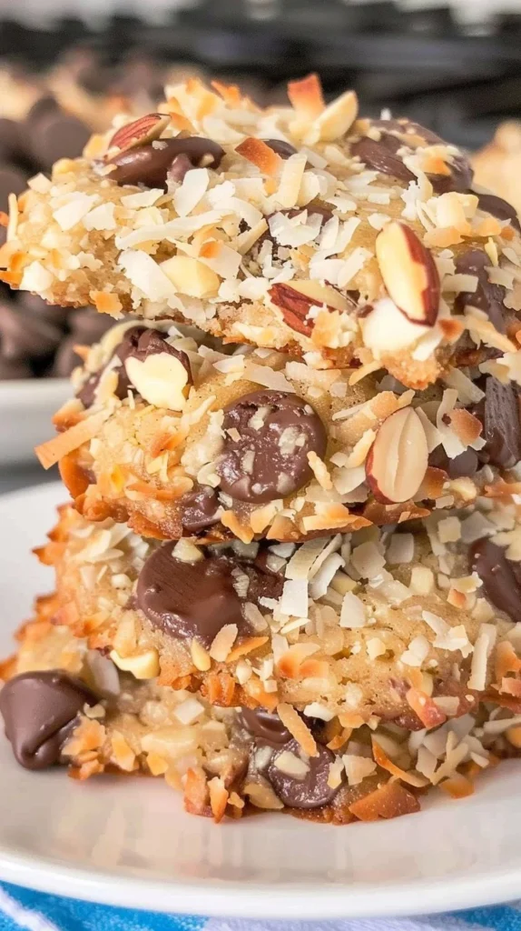 Delicious Almond Joy Cookies with chocolate, coconut, and almonds on a plate