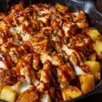 BBQ chicken and potato skillet served in a cast iron pan