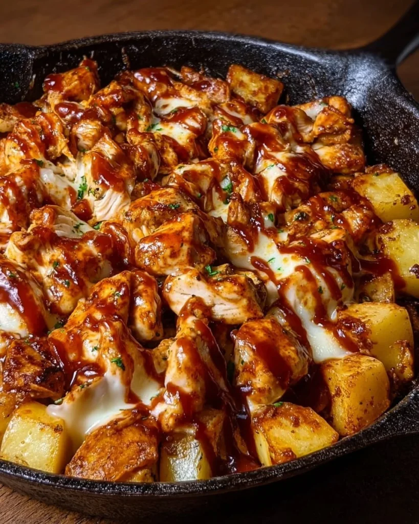 BBQ chicken and potato skillet served in a cast iron pan