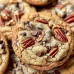 Batch of browned butter pecan chocolate chip cookies on a cooling rack
