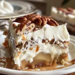 Delicious Butter Pecan Poke Cake with creamy frosting and pecans
