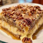 Delicious Butter Pecan Praline Poke Cake topped with pecans and praline glaze