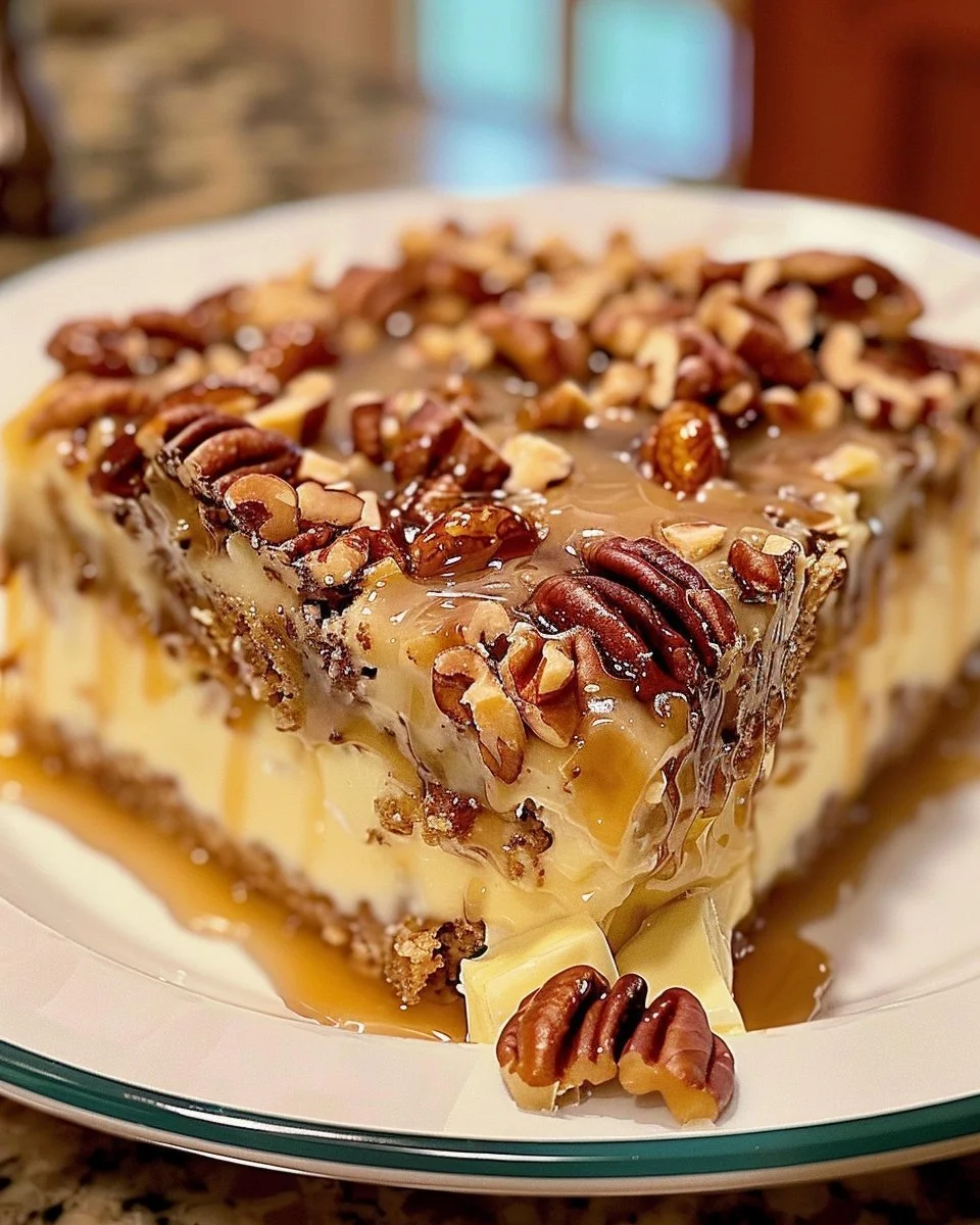 Delicious Butter Pecan Praline Poke Cake topped with pecans and praline glaze