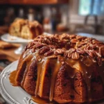 Delicious Caramel Pecan Bundt Cake topped with caramel sauce and pecans