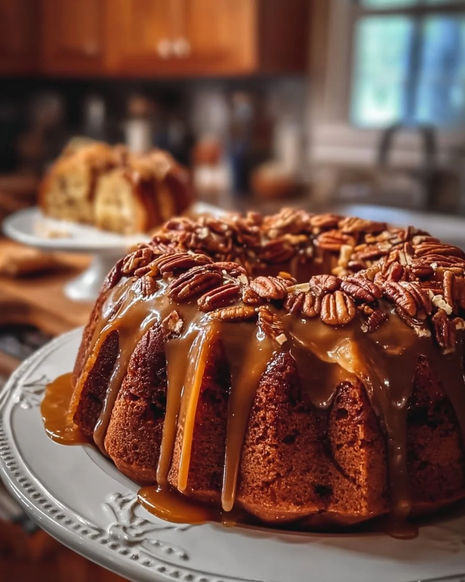 Delicious Caramel Pecan Bundt Cake topped with caramel sauce and pecans