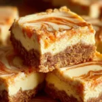 Carrot cake bars with cheesecake swirl on a plate, topped with cream cheese frosting