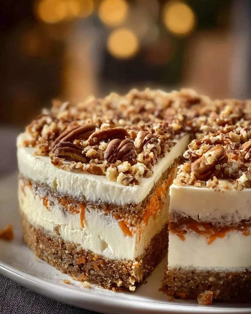 Delicious carrot cake cheesecake with cream cheese frosting and carrot decorations.