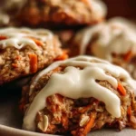 Carrot oatmeal cookies with cream cheese frosting on a wooden surface