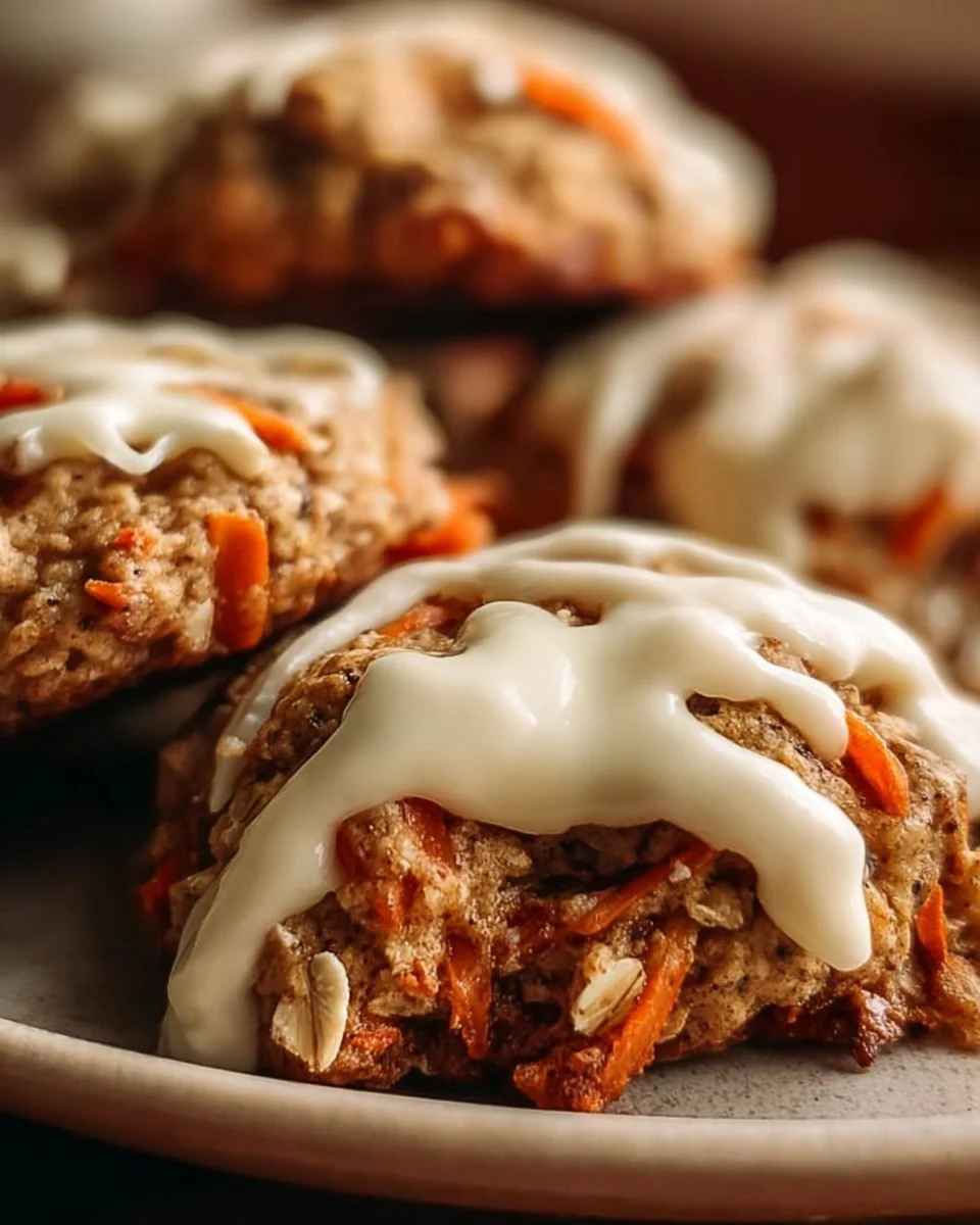 Carrot oatmeal cookies with cream cheese frosting on a wooden surface