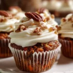 Delicious carrot pineapple cupcakes with cream cheese frosting on a table