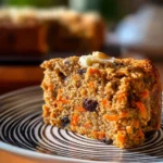 A slice of carrot raisin oatmeal yogurt cake on a plate, garnished with fresh ingredients.