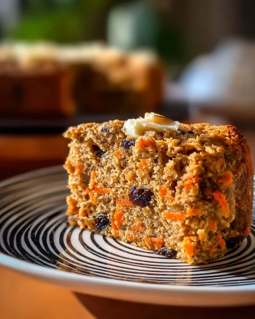 A slice of carrot raisin oatmeal yogurt cake on a plate, garnished with fresh ingredients.