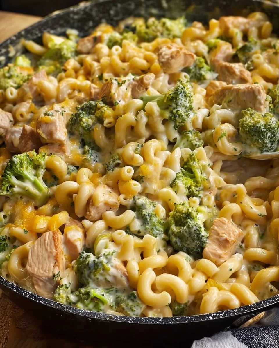 Cheesy Chicken Broccoli Mac served in a bowl with broccoli and chicken pieces.