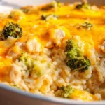 Cheesy Chicken Broccoli Rice Casserole served in a dish