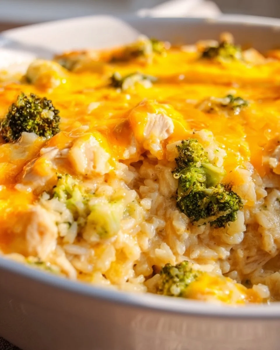 Cheesy Chicken Broccoli Rice Casserole served in a dish