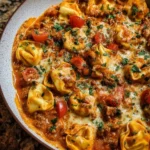 Cheesy Enchilada Beef Tortellini Skillet with melted cheese and beef