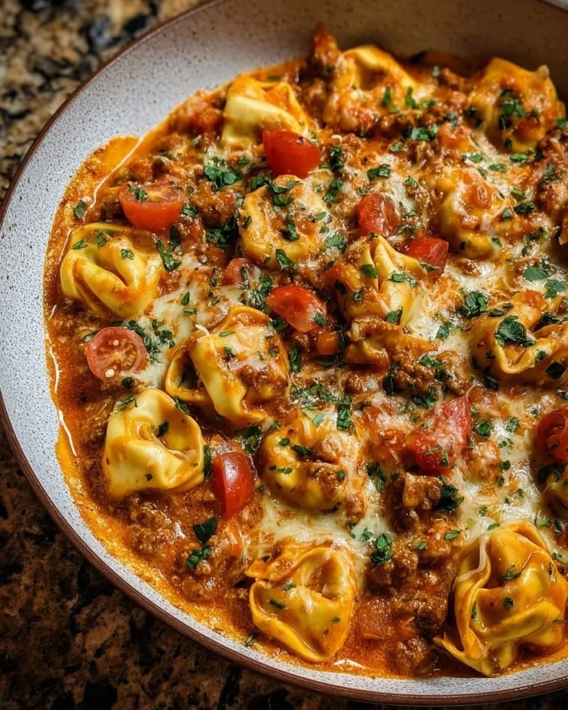 Cheesy Enchilada Beef Tortellini Skillet with melted cheese and beef