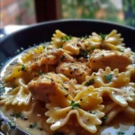 Cheesy Garlic Butter Chicken Bowties plated with fresh herbs.