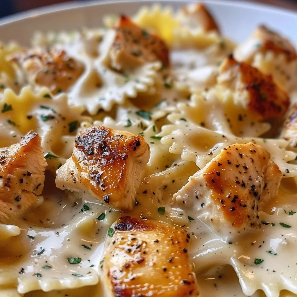 Delicious cheesy garlic butter chicken bowties served in a bowl.