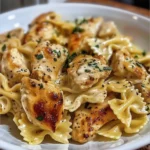 Cheesy Garlic Butter Chicken Bowties with Mozzarella Cream Sauce on a plate